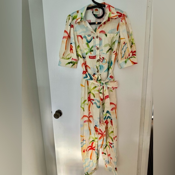 Farm Rio Copacabana Jumpsuit Small NWT white beige linen beach palm travel print - Picture 7 of 13